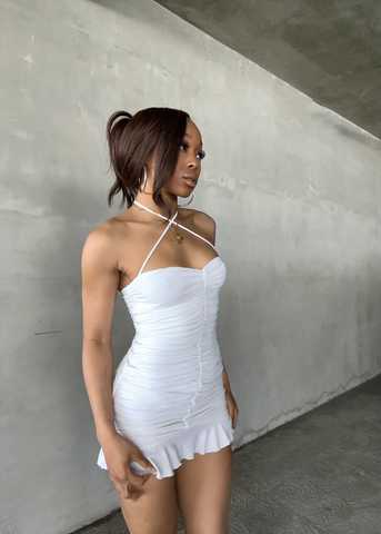 Vestido blanco ajustado con fruncido, minivestido blanco para fiesta de bienvenida Y2443