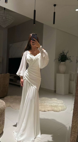 Robe de soirée sirène longue blanche chic à col en V et froncée Y7737