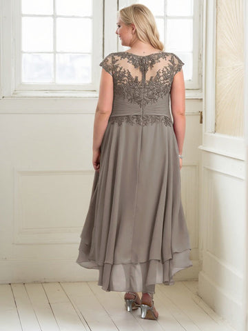 A-line Boat Neck Illusion Asymmetrical Chiffon Lace Mother of the Bride Dress With Applique Pleats