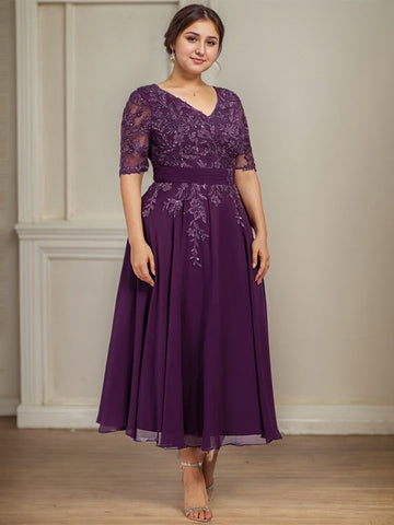 A-line V-Neck Tea-Length Lace Chiffon Mother of the Bride Dress With Sequins