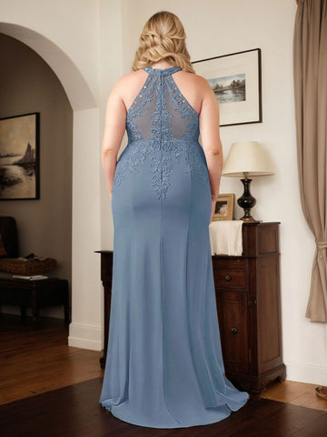 Dusty Blue Sheath Halter Long Mother of Bride Dress With Appliques