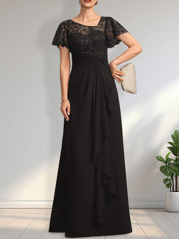 A-line Asymmetrical Illusion Floor-Length Lace Chiffon Mother of the Bride Dress With Cascading Ruffles Sequins