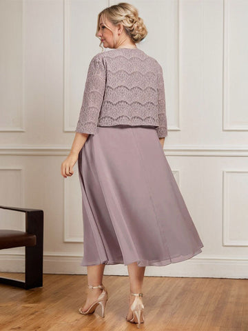 A-line Scoop Tea-Length Chiffon Mother of the Bride Dress With Pleated