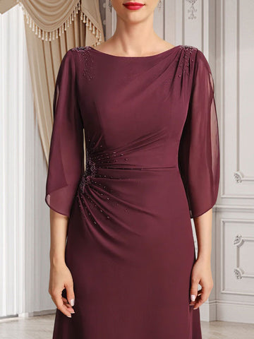 Vestido de corte recto/columna, largo hasta el suelo, de gasa, para la madre de la novia, con plisados ​​y cuentas.