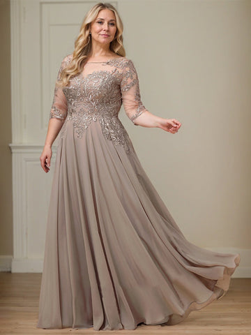 A-line Scoop Illusion Floor-Length Lace Chiffon Mother of the Bride Dress With Sequins