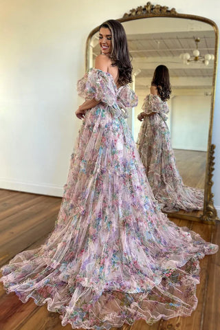 Gorgeous A Line Off the Shoulder Pink Floral Printed Corset Prom Dress with Sweep Train