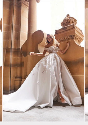 Long Ball Gown Off the Shoulder Sequined Applique Lace Wedding Dresses with Slit