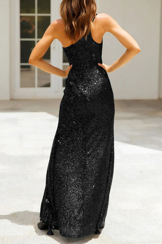 Robe de soirée sexy à sequins unis, fendue et à col oblique 