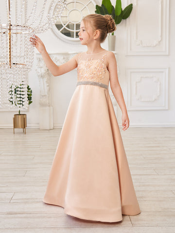 A-line Satin Tulle Sweep Train Champagne Dress (010226776)