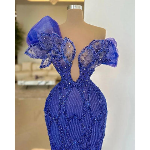 Vestido de noche largo azul con hombros descubiertos, bordado de cuentas, ilusión floral 