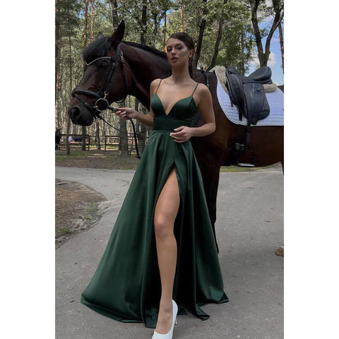 Vestido de fiesta de noche largo de satén con escote en V, tirantes finos y sin mangas, corte A 