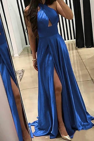 A Line Halter Purple Long Prom Dress with Backless