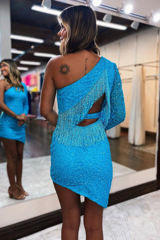 Vestido corto de fiesta de bienvenida, brillante, de un solo hombro, color azul cielo con lentejuelas y flecos