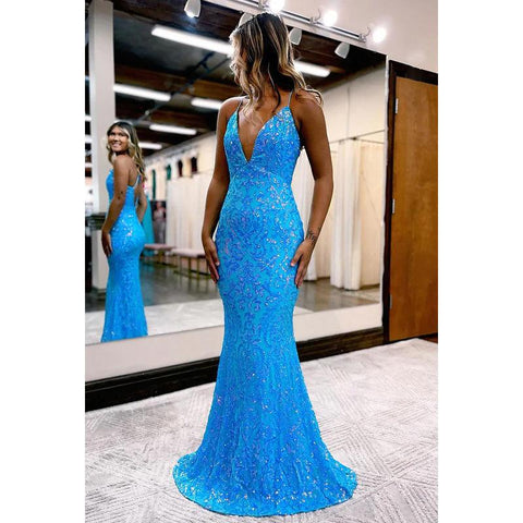 Vestido de fiesta de sirena con tirantes finos, escote en V y apliques de lentejuelas