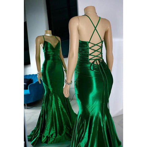 Vestido de fiesta sexy y atractivo de corte trompeta/sirena con tirantes cruzados, volantes y escote en V