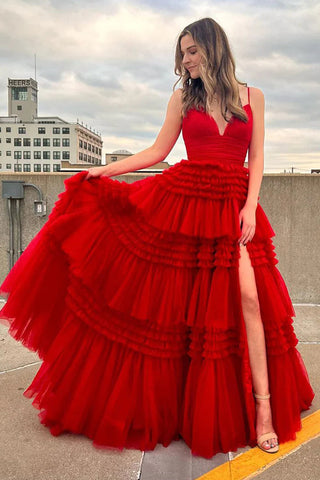 Tulle Tiered Spaghetti Straps Long Prom Dress with Slit