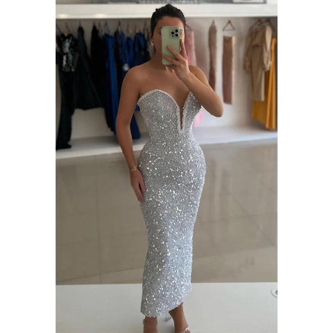 Vestido de noche largo con lentejuelas, cuentas y escote en V, brillante y sin tirantes 