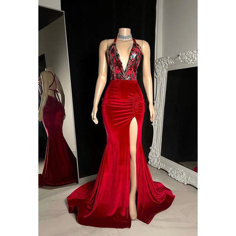 Vestido de fiesta sexy y atractivo con escote en V, sin mangas, tirantes cruzados, abertura de sirena y fruncido