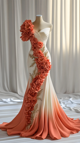 Robe de bal longue sirène en mousseline ornée d'appliqués de pivoines, modèle Y8566