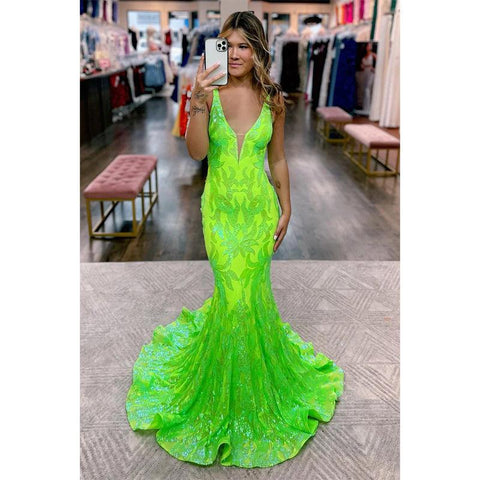 Vestido de fiesta de sirena con apliques de lentejuelas y escote en V sexy 