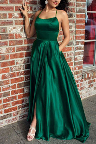 Robe de bal simple en satin, coupe trapèze, dos nu