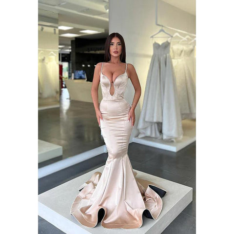 Vestido de fiesta sin mangas de satén con tirantes de trompeta/sirena