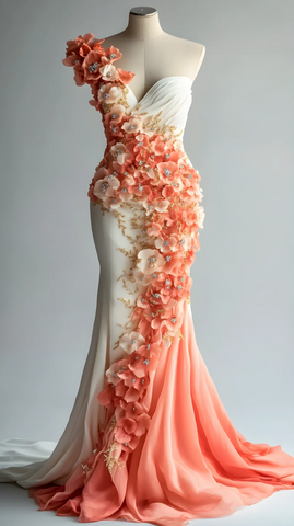 Robe de bal longue sirène en mousseline ornée d'appliqués de pivoines, modèle Y8566