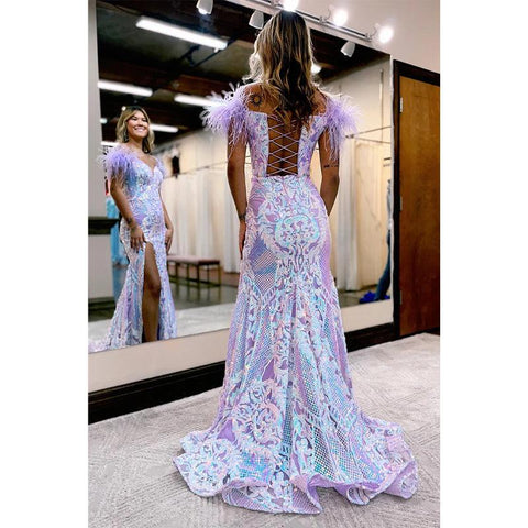Vestido de fiesta largo de sirena con escote en V, lentejuelas, apliques y plumas, sexy, con abertura