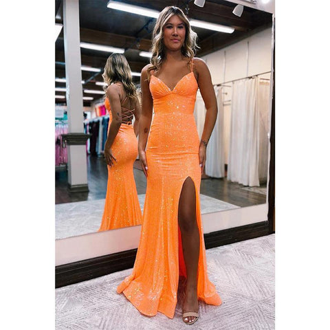 Vestido de fiesta brillante con lentejuelas, escote en V y tirantes finos