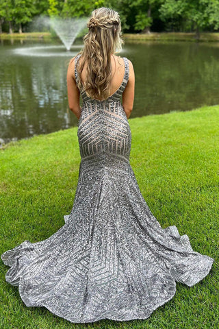 Mermaid Deep V Neck Orange Sequins Long Prom Dress with Open Back