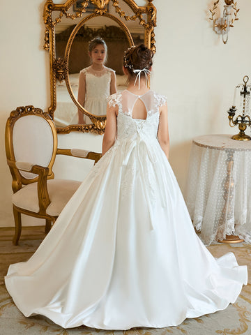Ball-Gown/Princess Satin Sweep Train First Communion Flower Girl Dress
