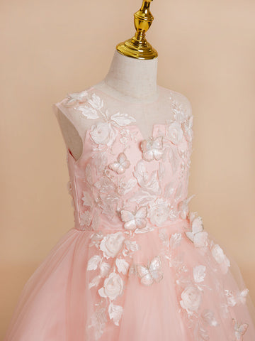 Ball-Gown/Princess Tulle Asymmetrical Pink Flower Girl Dress