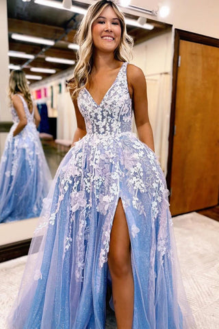 A Line Deep V Neck Blue Long Prom Dress with Appliques