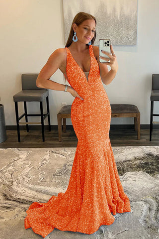 Mermaid Deep V Neck Purple Sequins Prom Dress with Open Back