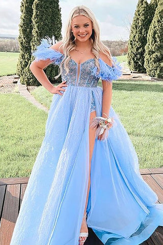 A Line Off the Shoulder Blue Long Prom Dress with Feather
