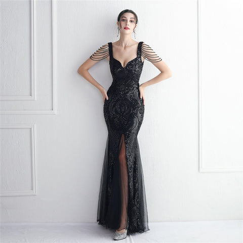 Sequin Mesh Craft Beaded Party Dress Long Cocktail Slim Fit Evening Dress Elegant Long