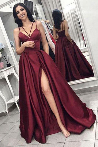 A Line Spaghetti Straps Burgundy Long Prom Dress with Silt