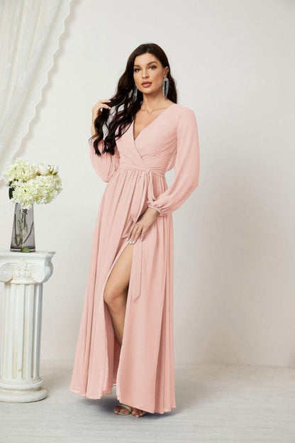 Numbersea Evening Dresses Deep V-Neck Chiffon Bridesmaid Dresses Long Bishop Sleeve Side Split Formal Dress 2806