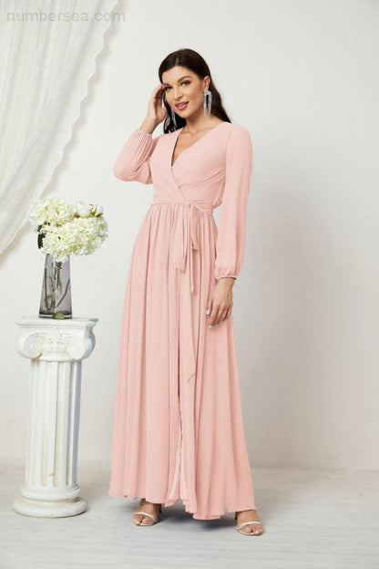 Numbersea Evening Dresses Deep V-Neck Chiffon Bridesmaid Dresses Long Bishop Sleeve Side Split Formal Dress 2806