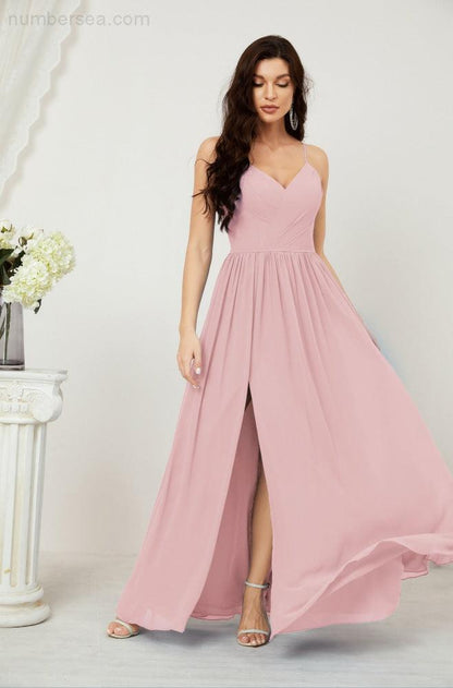 Numbersea  Neck Bridesmaid Dresses Chiffon Long Spaghetti A-line Formal Prom Gown for Wedding Party Evening 2801