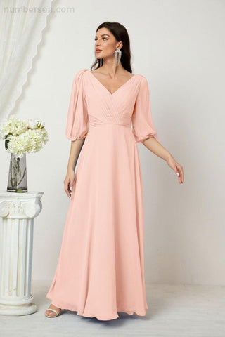Baoleely  Formal Prom Gown Women V-Neck Chiffon Bridesmaid Dresses Long Bishop Sleeve Party Dress 2807