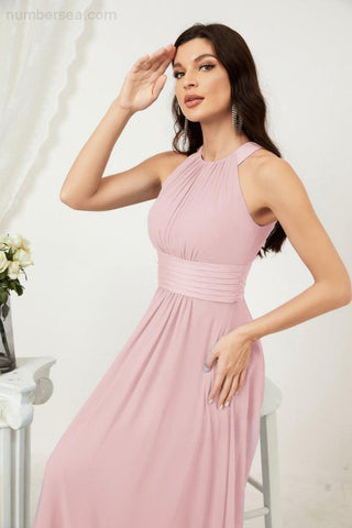 Baoleely Formal Party Gown Dress Chiffon Halter Long Sleeveless Bridesmaid Dresses 2802