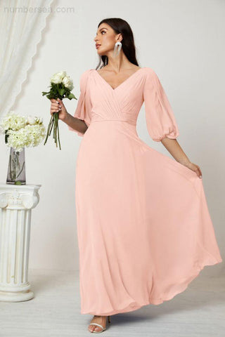 Baoleely  Formal Prom Gown Women V-Neck Chiffon Bridesmaid Dresses Long Bishop Sleeve Party Dress 2807