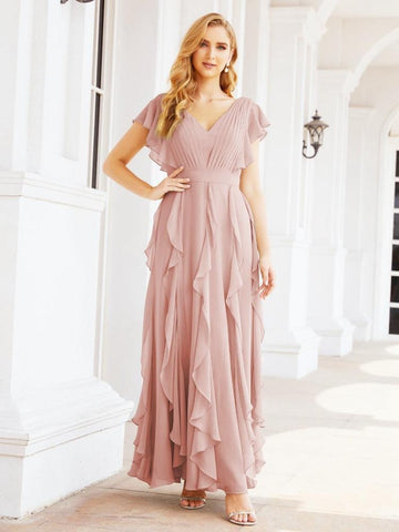 Robe de demoiselle d'honneur à volants et manches longues, robe de soirée formelle 28041 