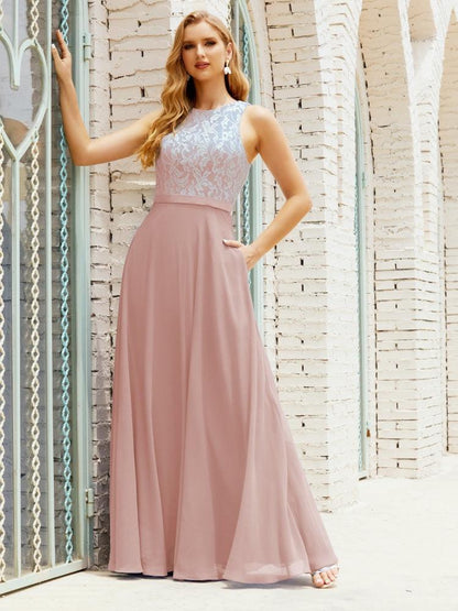 Lace Bridesmaid Dress Floor Length Evening Gowns with Pockets 28017