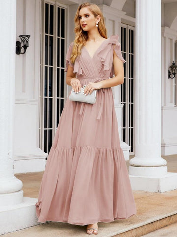 Baoleely Women's Open Back Formal Evening Party Prom Gowns V-Neck Long Chiffon Bridesmaid Dresses with Waist Belt 28038
