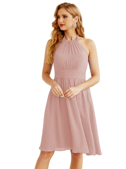 Numbersea Halter Chiffon Bridesmaid Dresses Short Sleeveless Formal Party Dress Open Back 28023