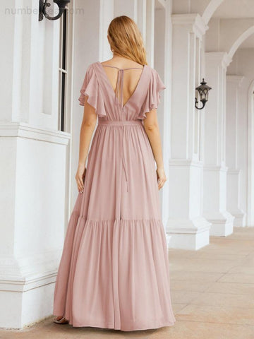 Baoleely Women's Open Back Formal Evening Party Prom Gowns V-Neck Long Chiffon Bridesmaid Dresses with Waist Belt 28038