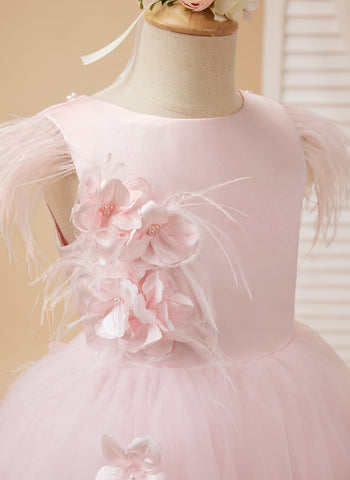 Princess Sleeveless Tulle Flower Girl Dress with Beading and Feather Bow (010224704)