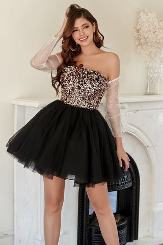 A Line Off the Shoulder Black Short Homecoming Dress with Beading